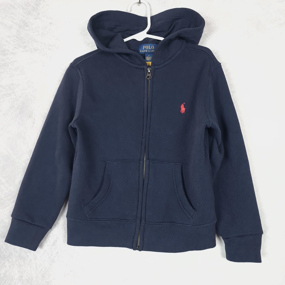Polo Ralph Lauren Hoodie Boys 4 Blue Fleece Full Zip Sweatshirt Red Pony NICE